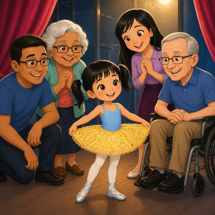A storybook cover: a family, grandparents included, after a dance recital