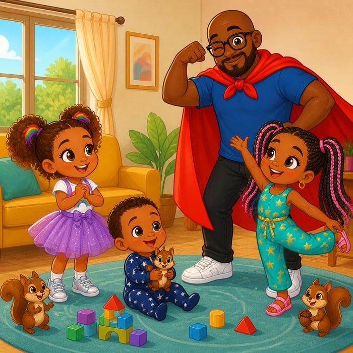 A storybook cover: a dad in a cape playing superheroes with his three children